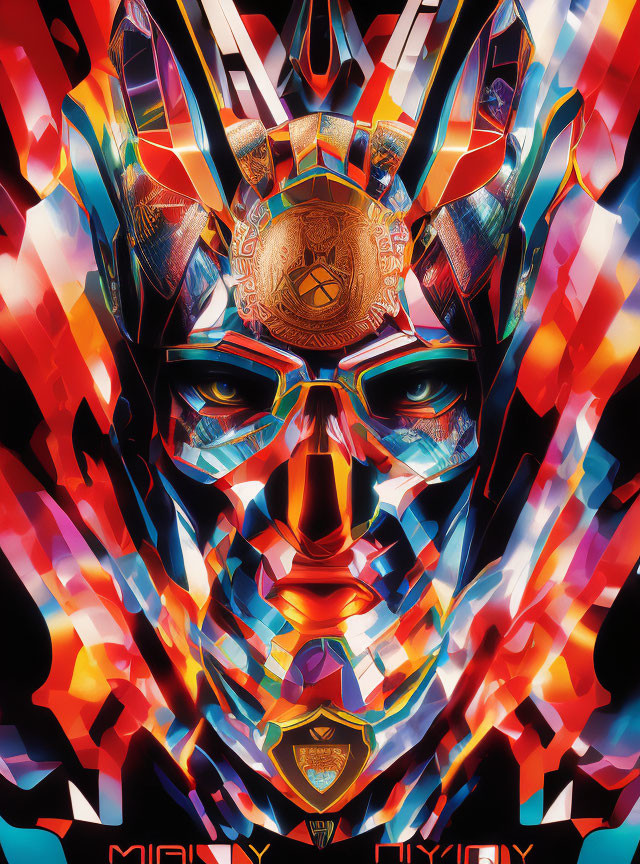 Colorful Geometric Mask Artwork with Futuristic Tribal Aesthetic