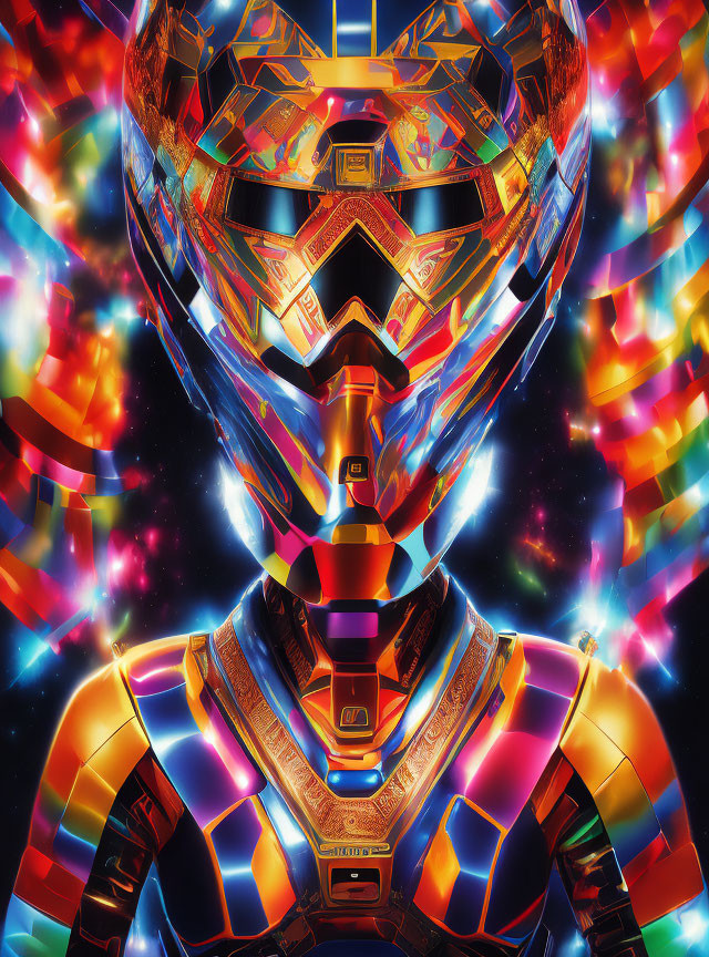 Futuristic armored figure in vibrant digital art piece