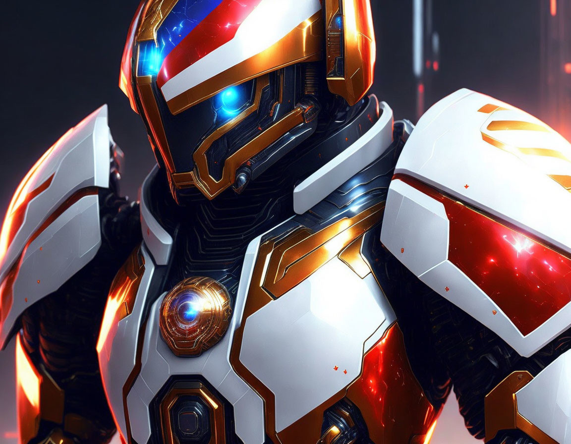 Futuristic armored soldier with glowing blue visor and red-and-white plating.