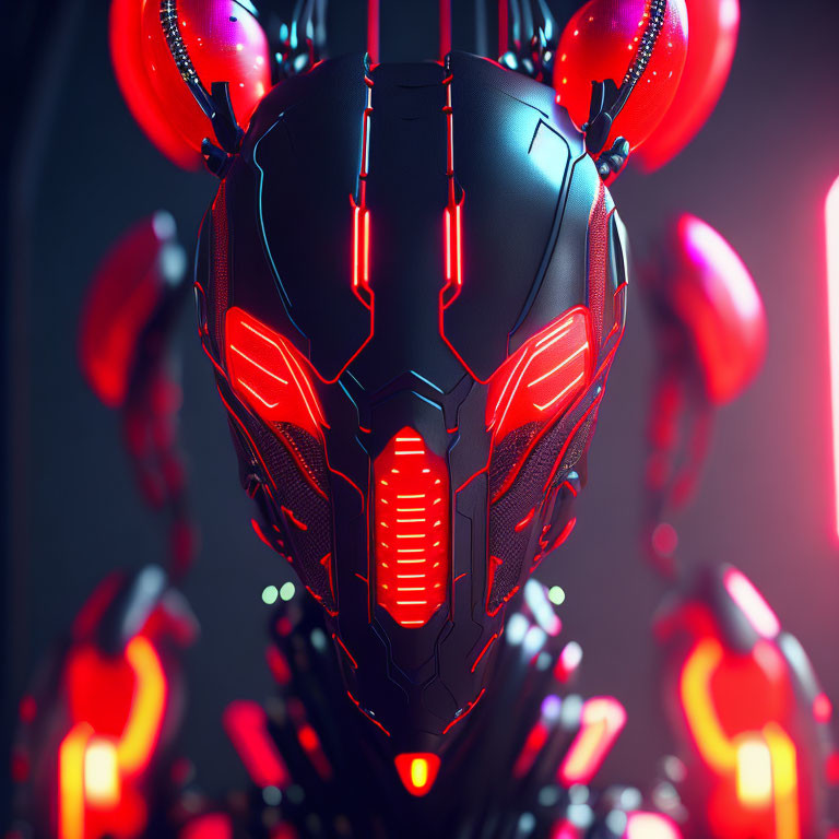 Futuristic robotic head with black armor and red neon lights on dark background