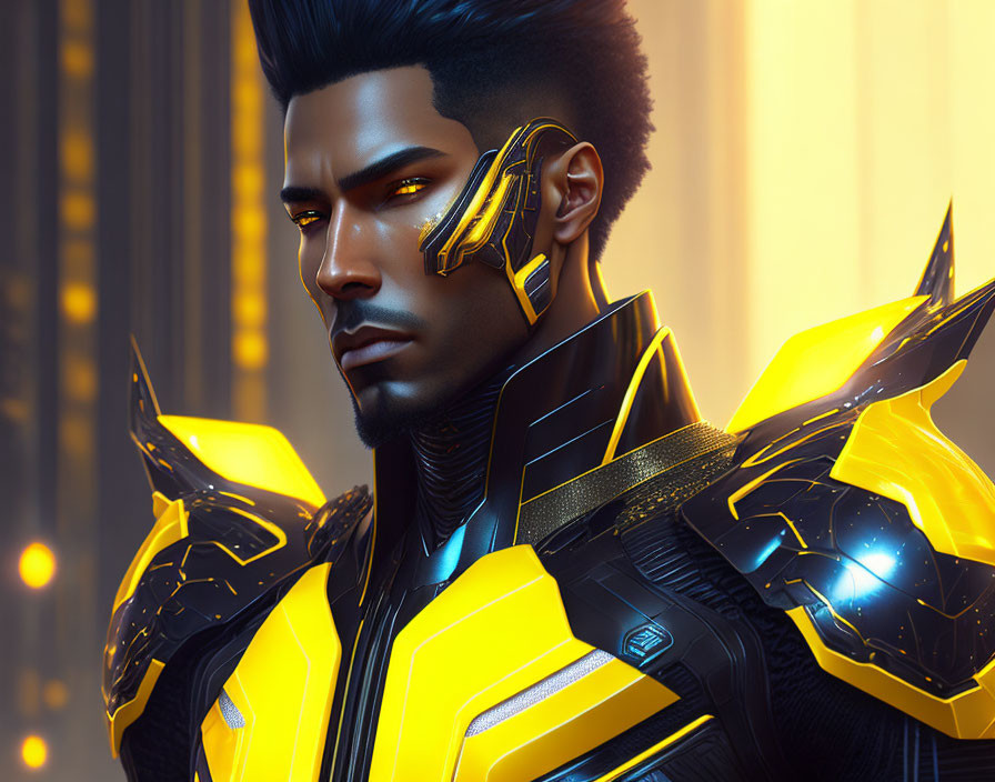 Futuristic man in black and yellow armor with high-tech earpiece