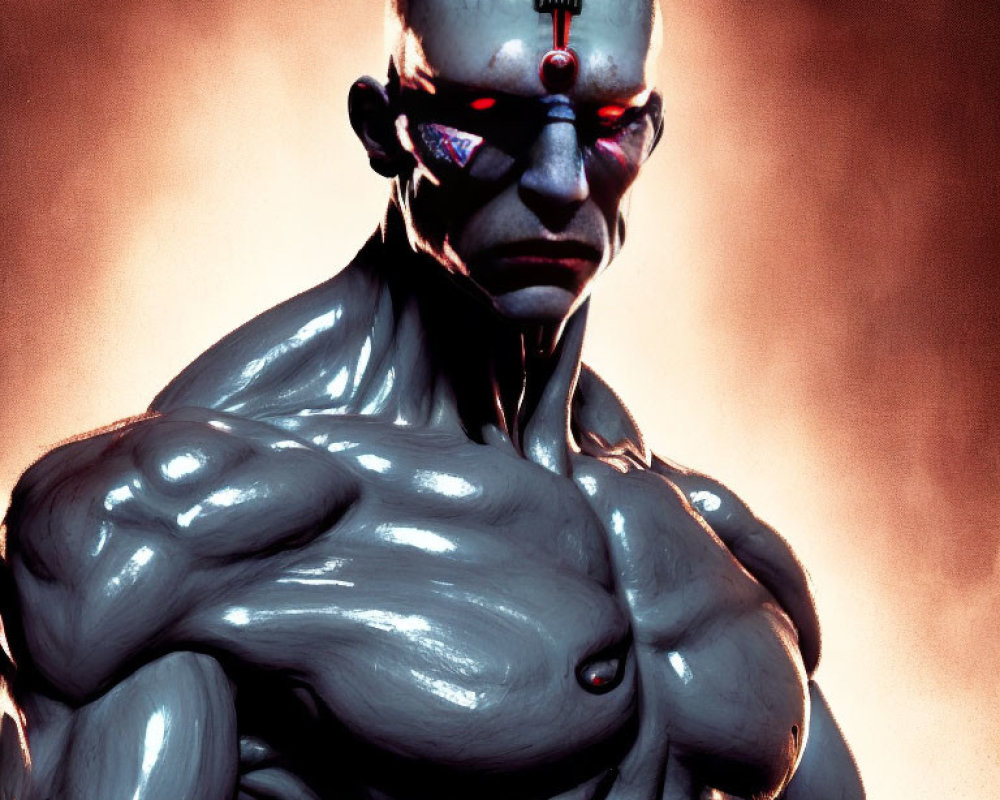 Muscular character with metallic skin and red glowing eyes on red backdrop