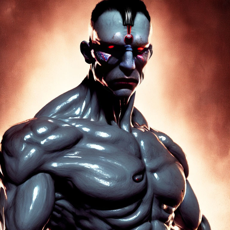 Muscular character with metallic skin and red glowing eyes on red backdrop