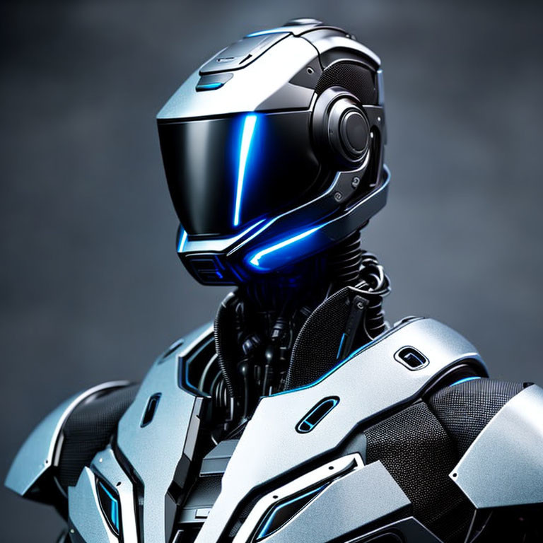 Futuristic robotic figure in black and blue helmet with illuminated lines and detailed armored torso on gray background