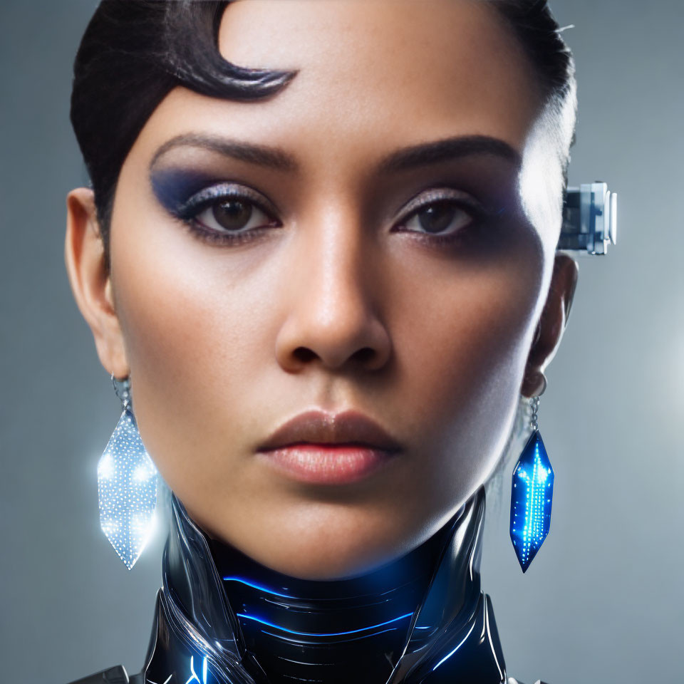 Portrait of Woman with Cybernetic Enhancements: Metallic Neck, Blue Earrings, Digital Eye