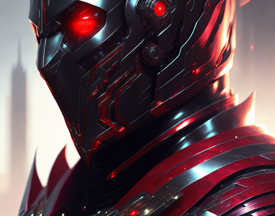 Detailed futuristic robotic figure with red glowing eyes and intricate armor design against cityscape.