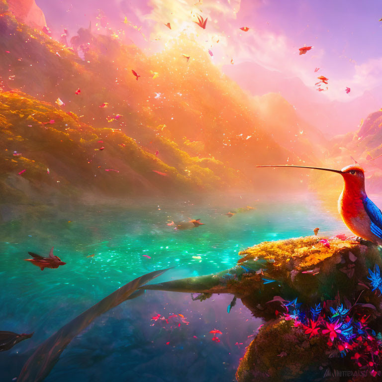 Colorful hummingbird, glowing plants in magical landscape