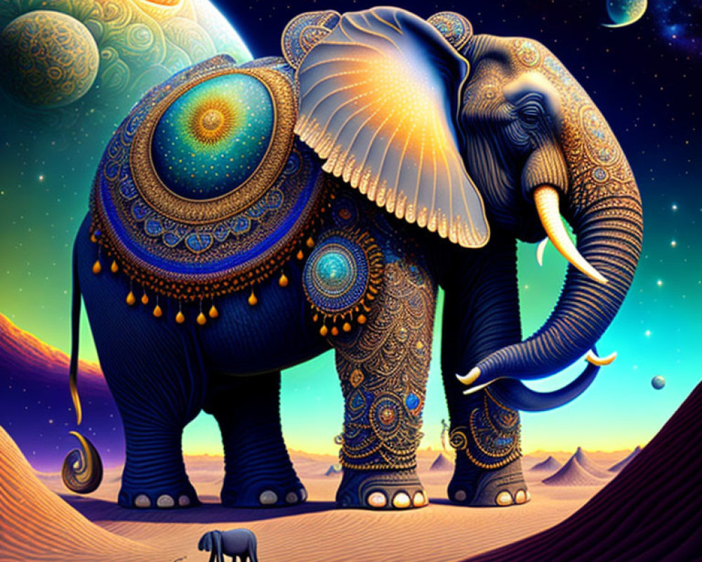 Ornate Elephant with Night Sky and Celestial Bodies