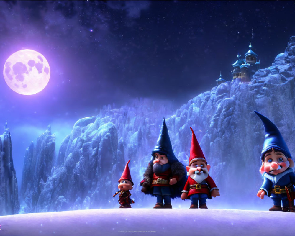 Four animated gnome characters in snowy landscape with castle under full moon