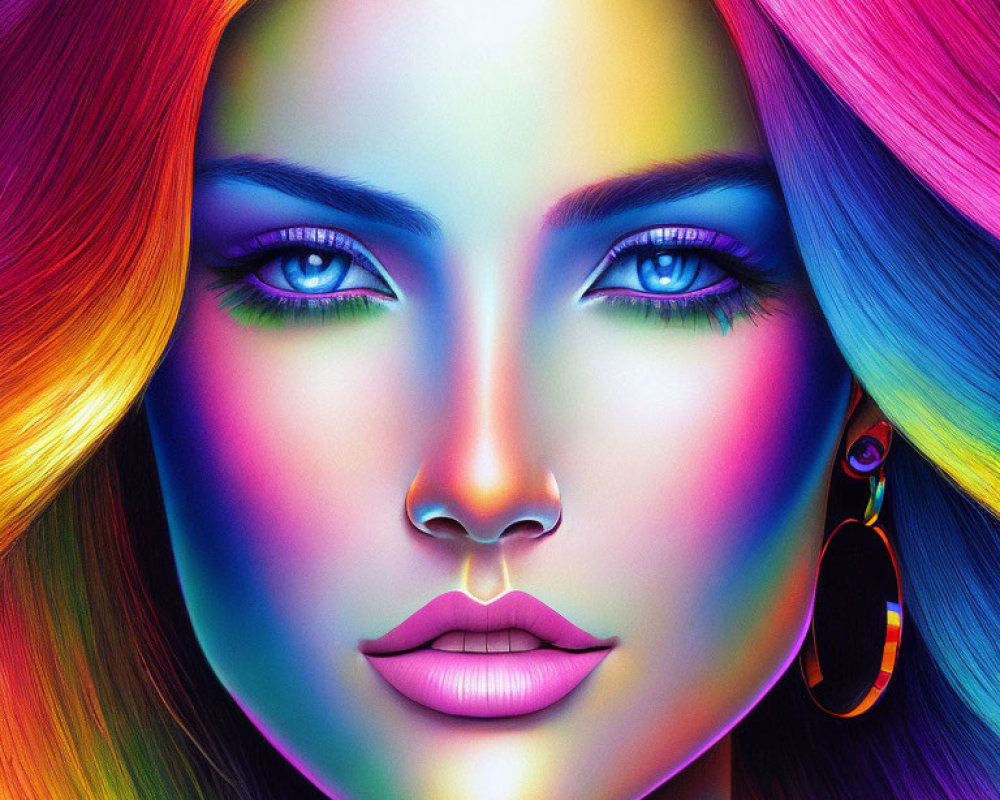 Colorful portrait of a woman with rainbow hair and blue eyes