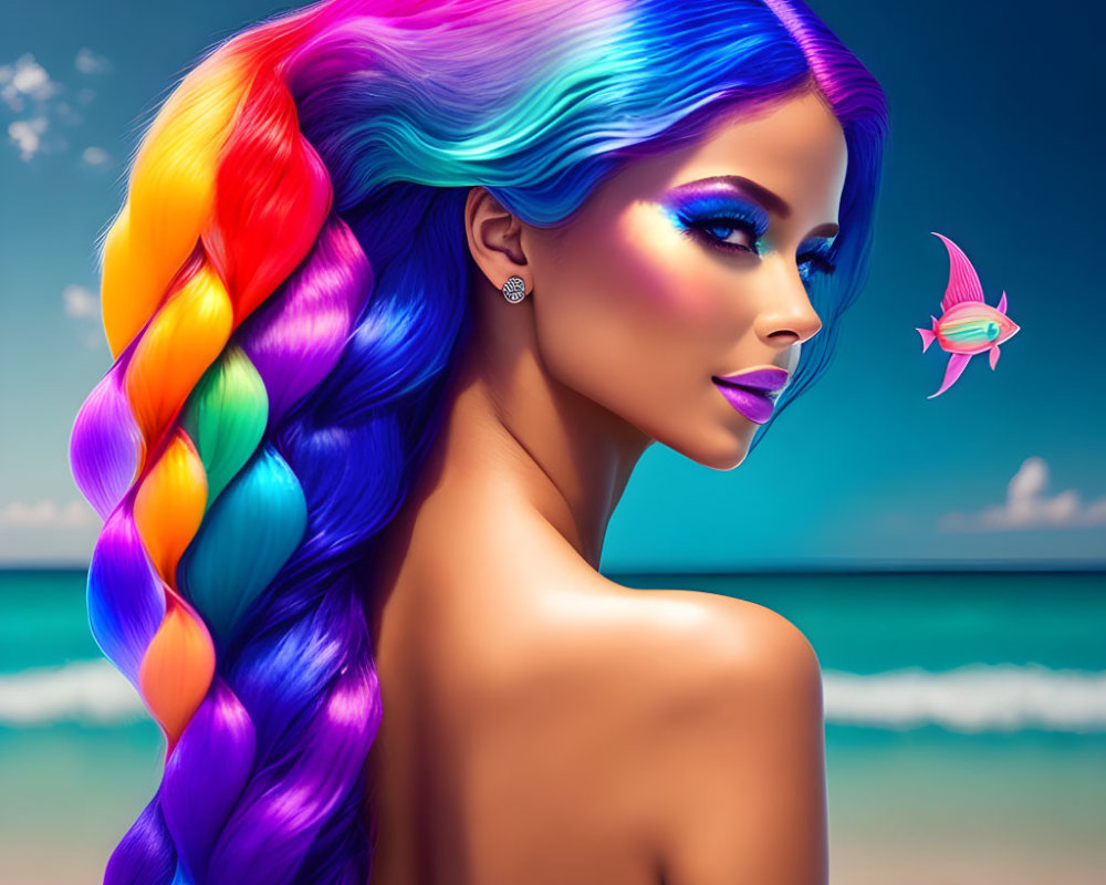 Colorful woman with blue, purple, and pink hair on tropical beach