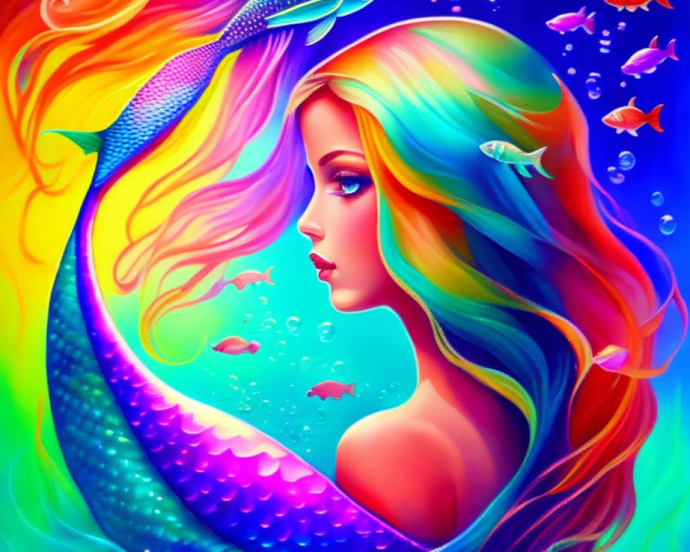 Colorful digital artwork: Mermaid with flowing rainbow hair among exotic fish