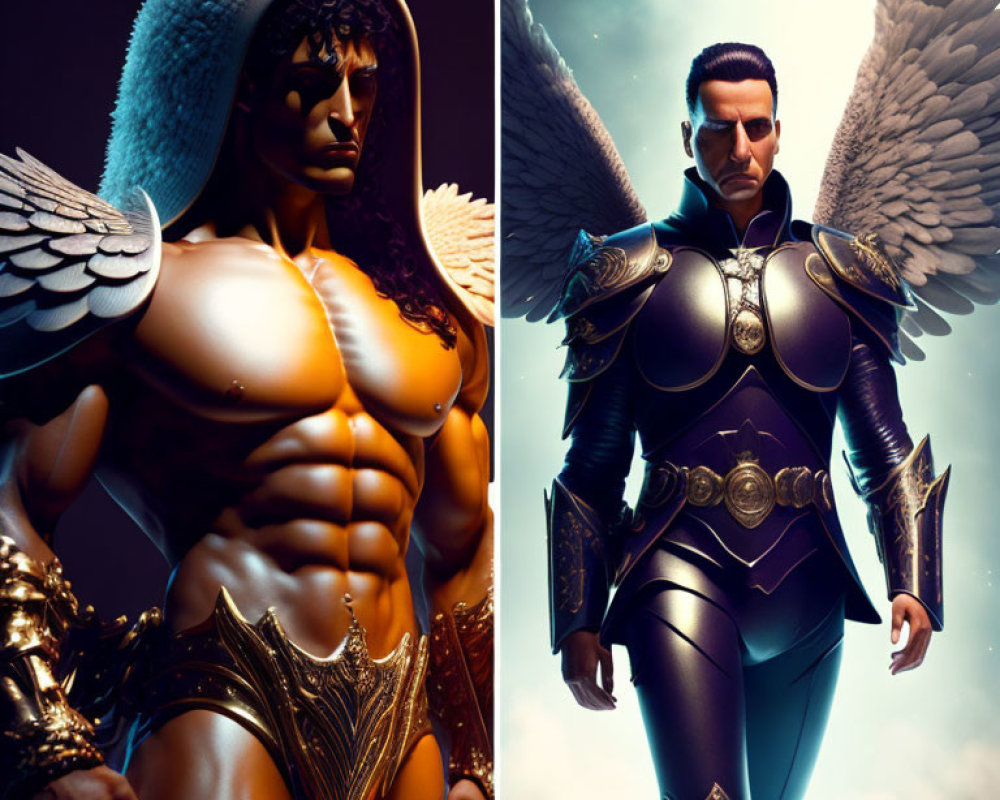 Fantasy Costumed Male Figures with Angelic Wings in Golden and Dark Armor