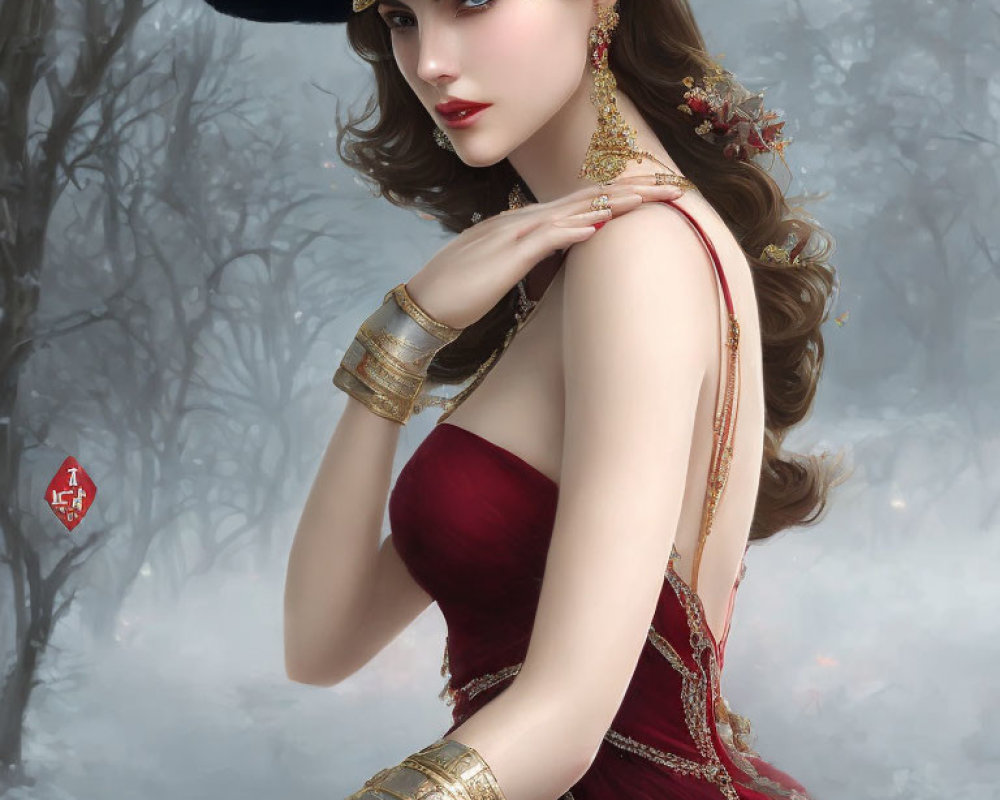 Digital artwork of woman in red dress with long brown hair and black hat against snowy background