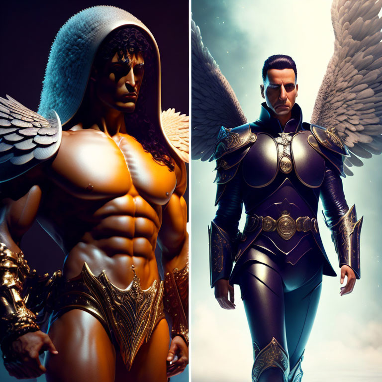 Fantasy Costumed Male Figures with Angelic Wings in Golden and Dark Armor