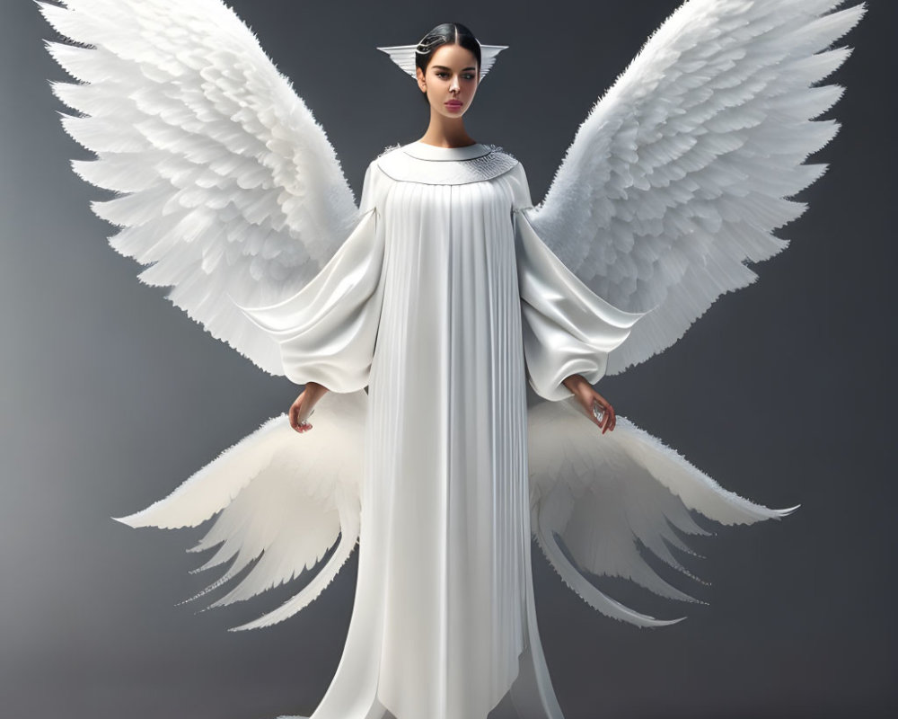 Serene figure with large white wings and flowing gown against gray background