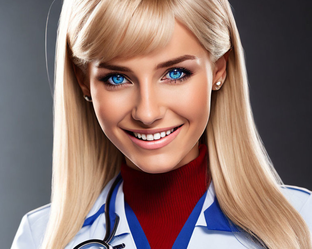 Blonde Female Doctor Smiling with Stethoscope on Grey Background