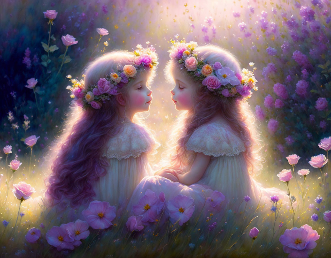 Two young girls with floral crowns in whimsical landscape.