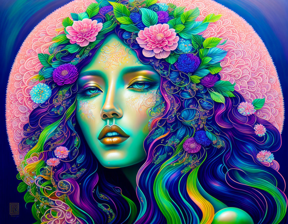 Colorful woman portrait with floral hair and mystical vibe