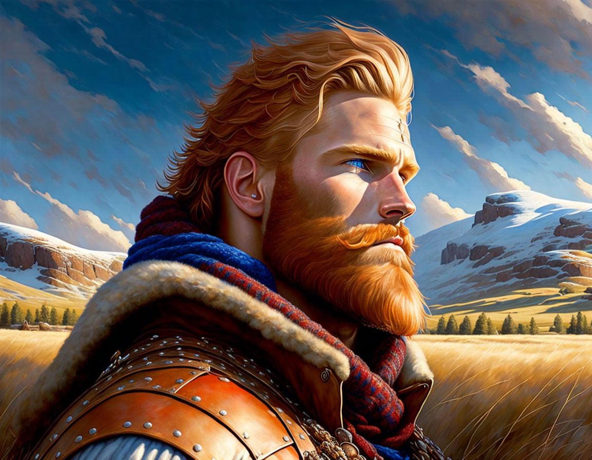 Medieval warrior with red beard in armor against mountain backdrop