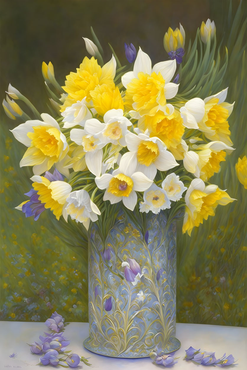 Yellow and White Daffodil Bouquet in Blue Vase with Purple Petals