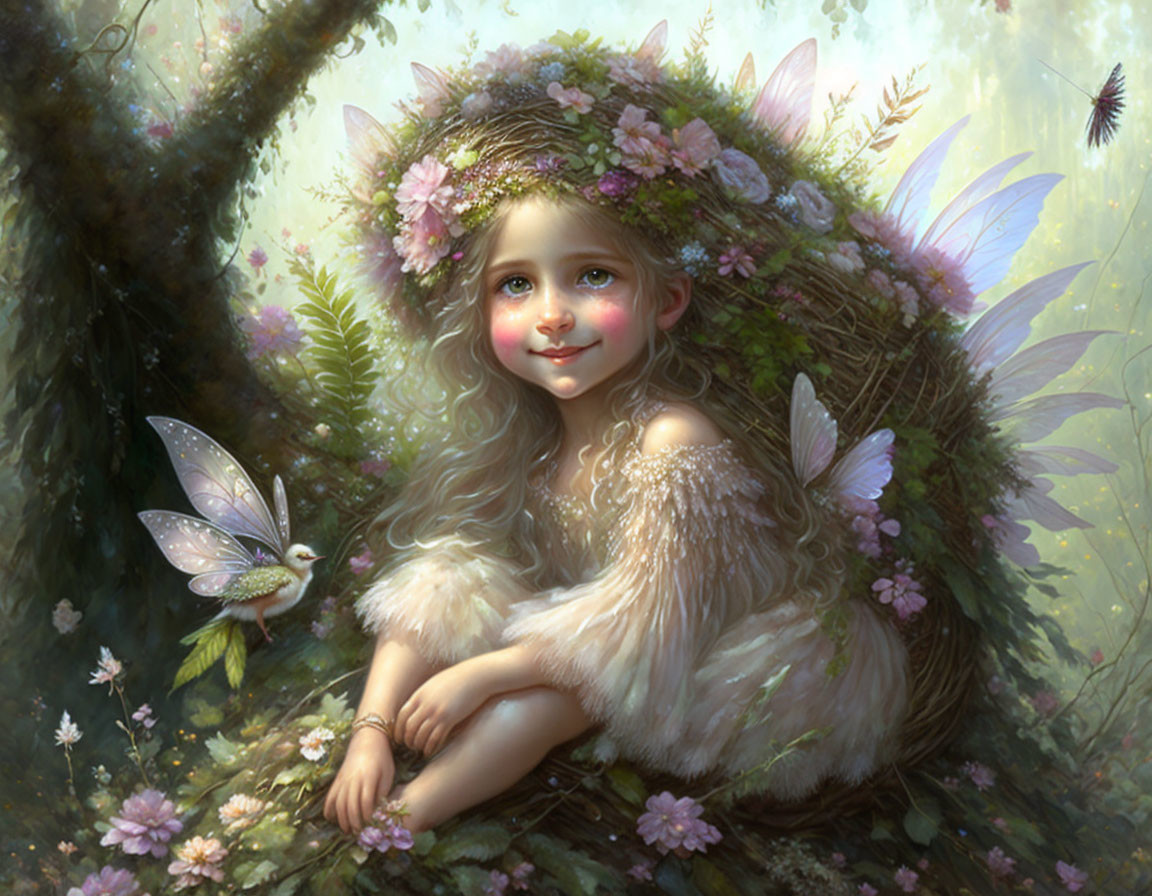 Whimsical fairy child with delicate wings among flowers and dragonfly