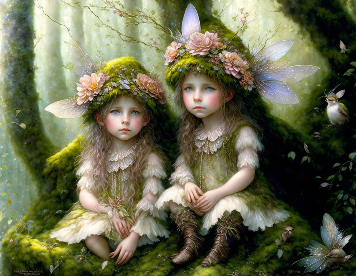 Ethereal children with floral hats in magical forest with birds and insects