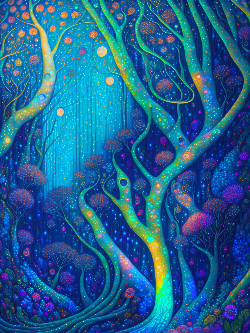 Colorful Enchanted Forest Artwork with Glowing Trees