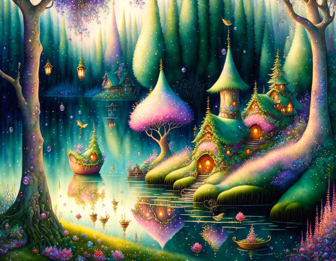 Fantasy landscape at twilight with illuminated trees, magical houses, river, and starry sky.