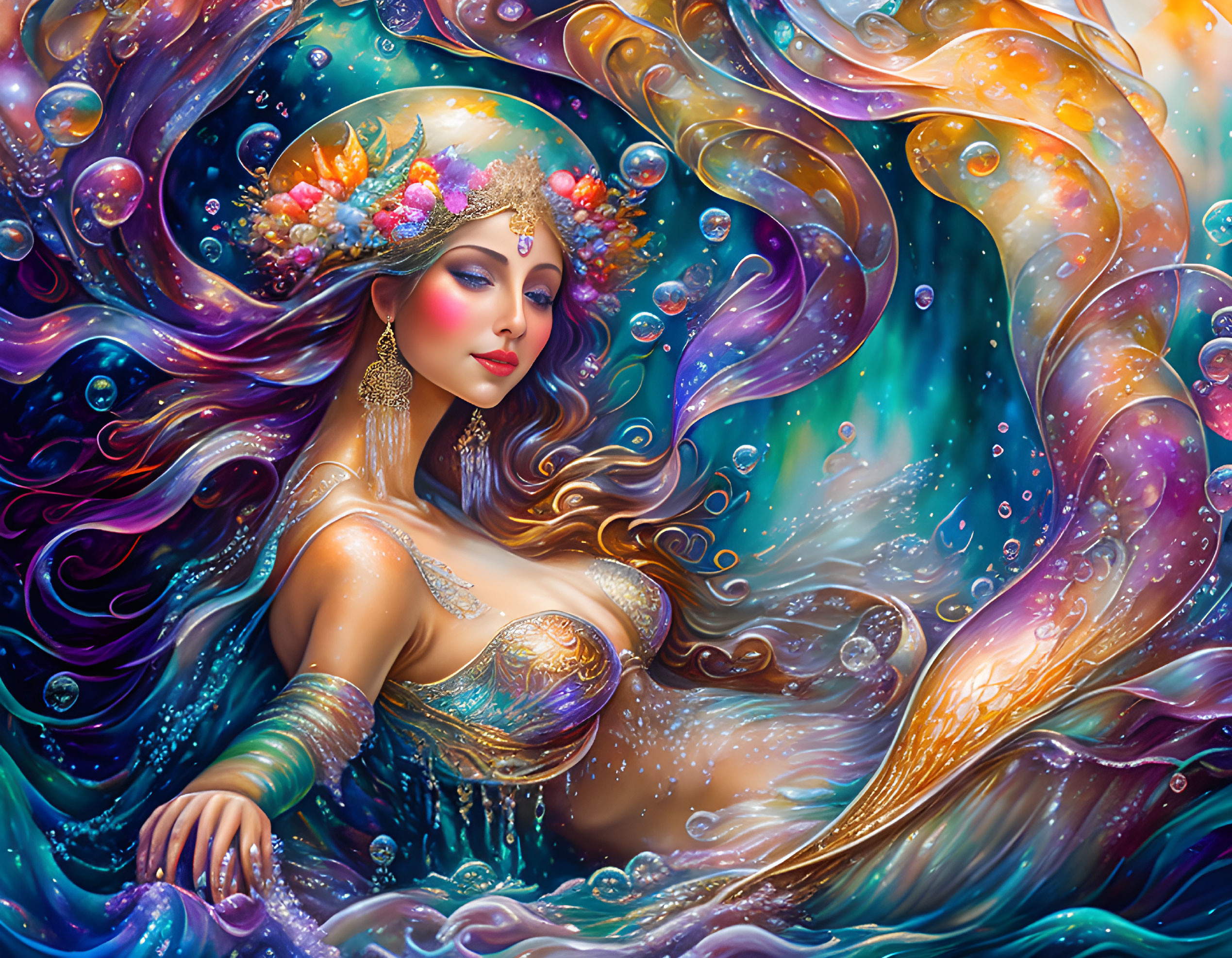 Colorful Mystical Mermaid Illustration with Oceanic Ornaments