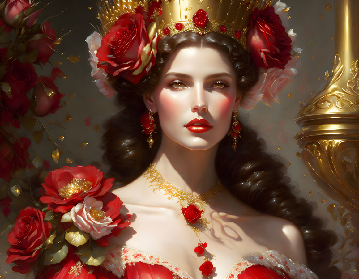 Regal woman portrait with golden crown, red dress, and rose accents