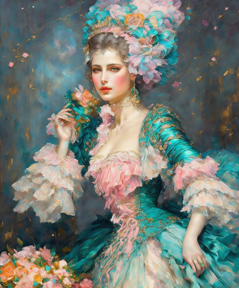 Woman in Turquoise and Pink Vintage Dress with Floral Adornments