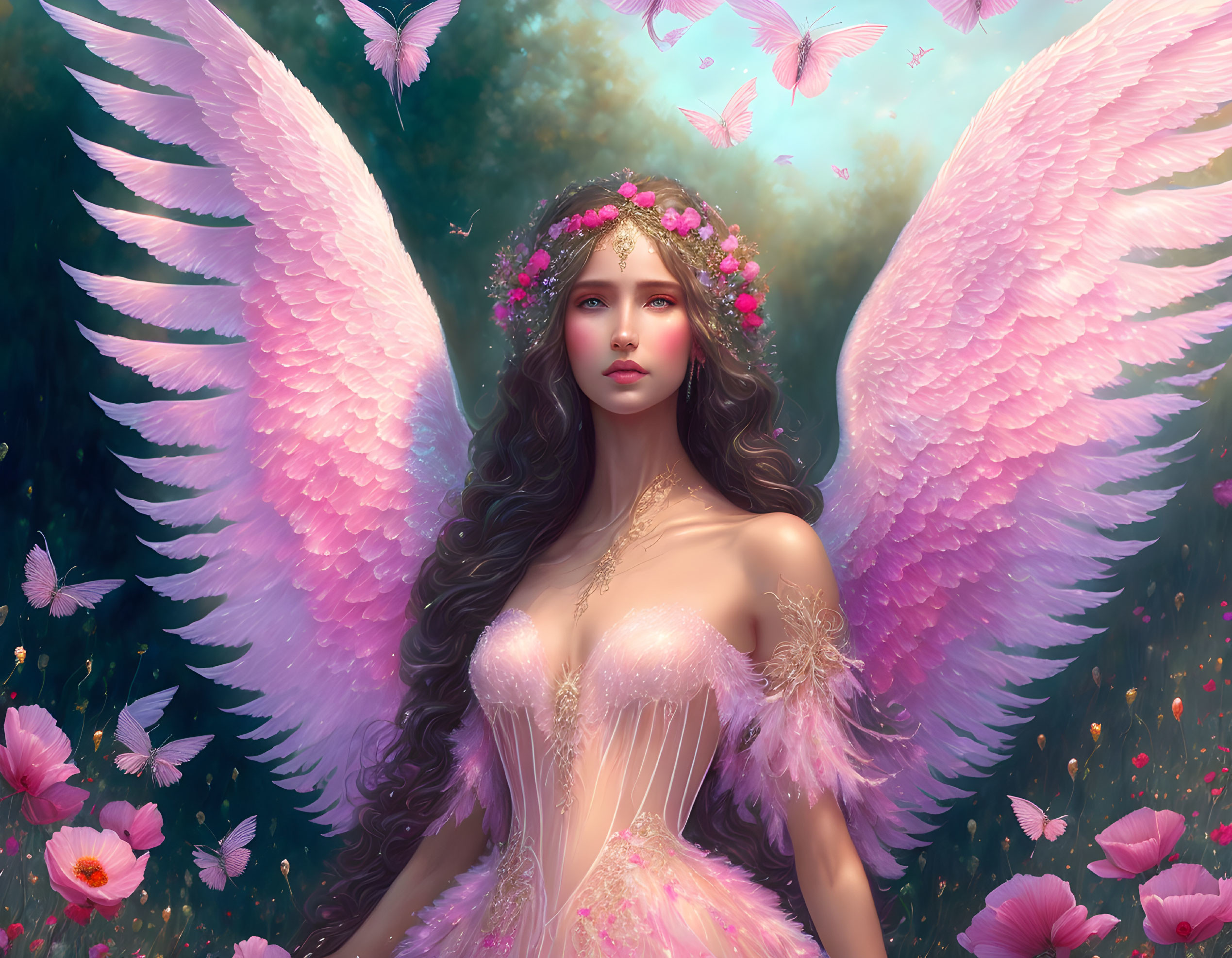 Ethereal figure with pink wings and floral crown in magical flower setting