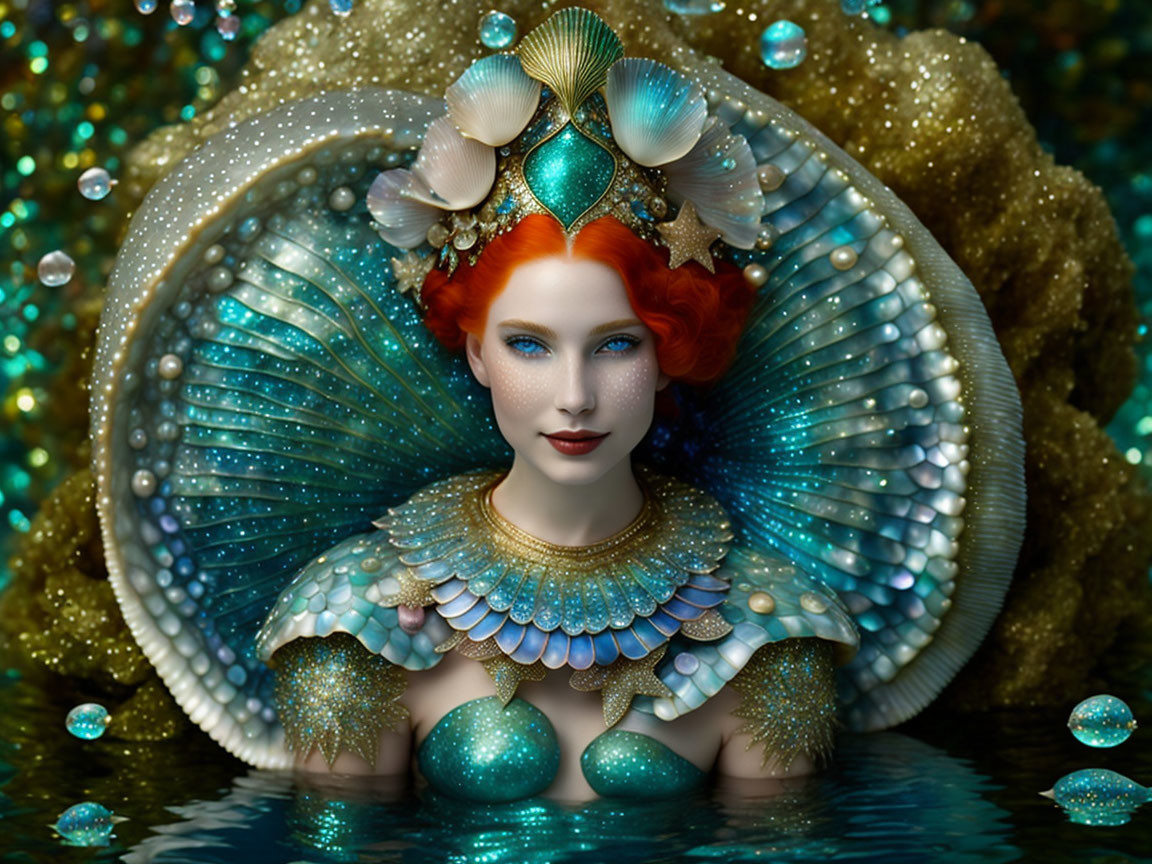 Vibrant portrait of a woman with red hair and blue eyes in sea-themed attire