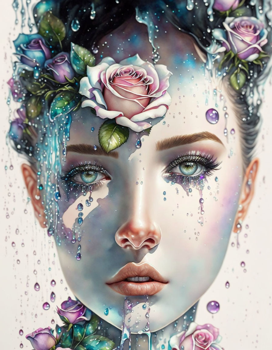 Vibrant woman's face with rose crown and water droplets