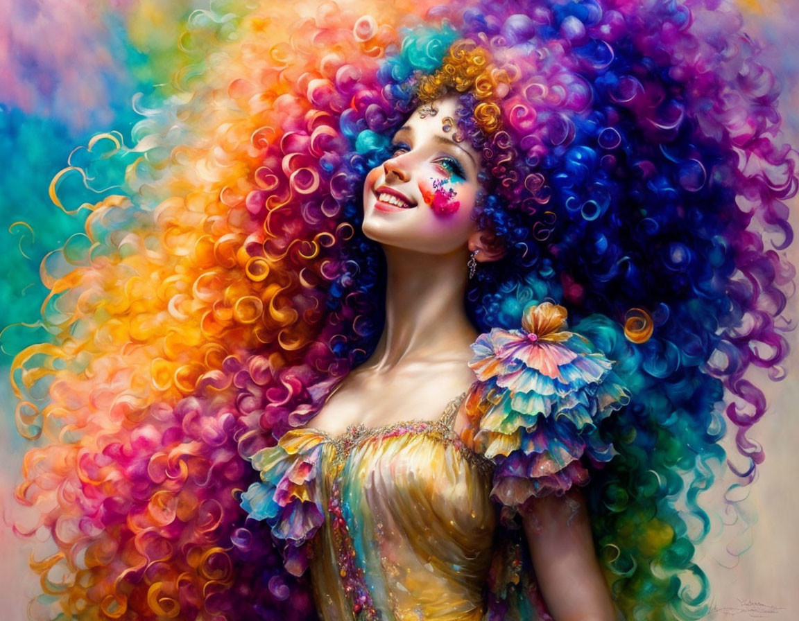 Colorful portrait of a smiling woman with curly hair and ruffled dress