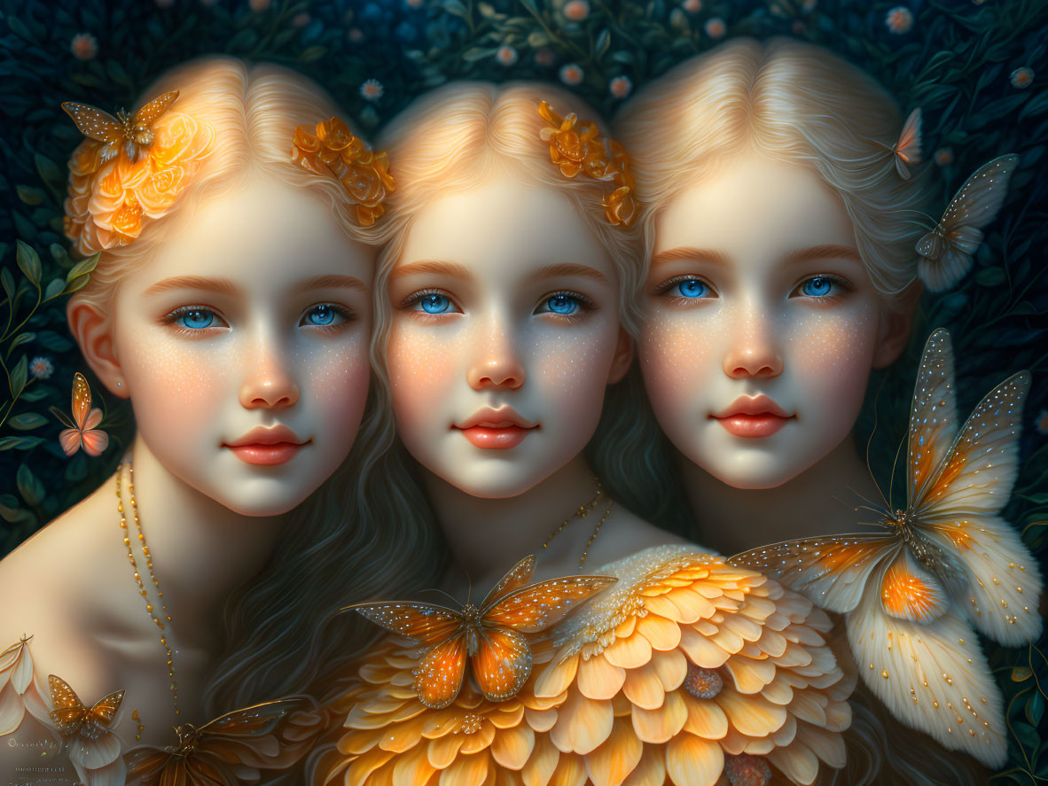 Ethereal girls with golden butterfly wings in dreamy setting