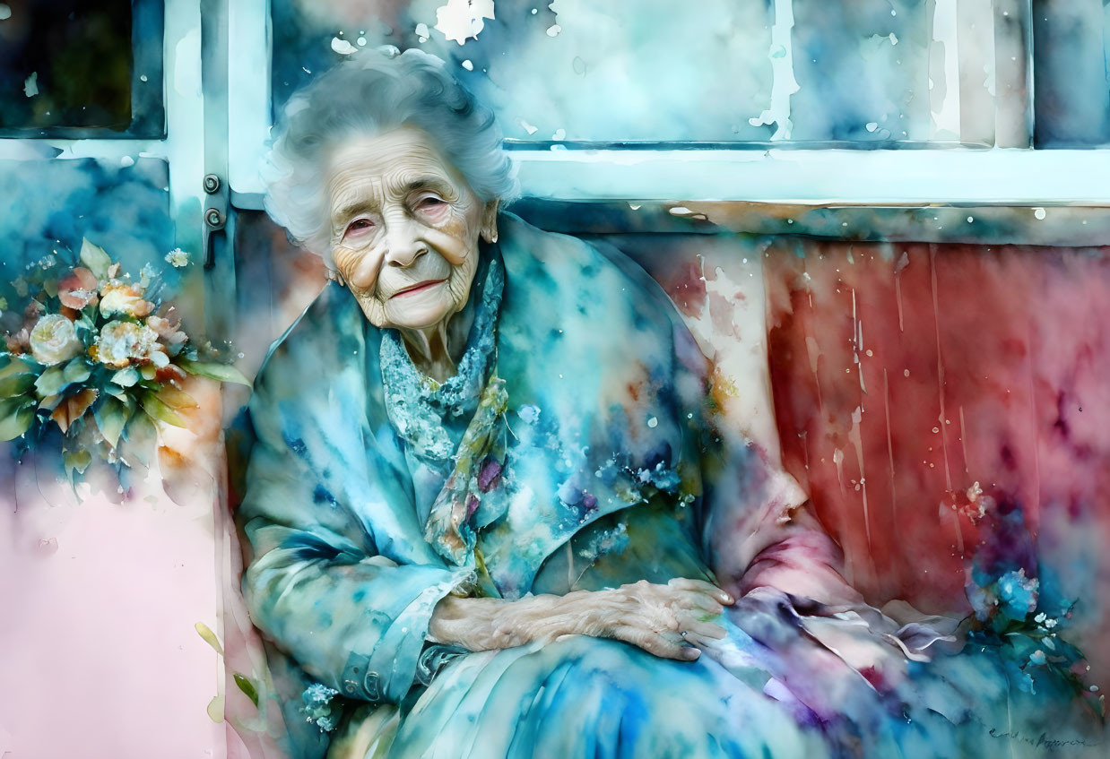 Elderly woman in blue shawl by colorful window with flowers