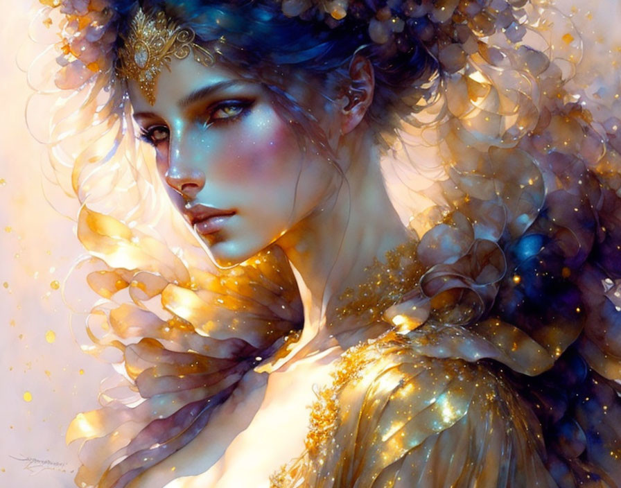 Ethereal woman with golden headdress in fantasy illustration