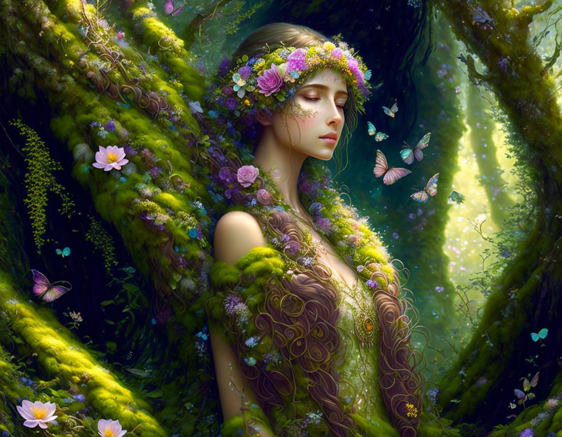 Woman with floral crown in mystical forest with butterflies