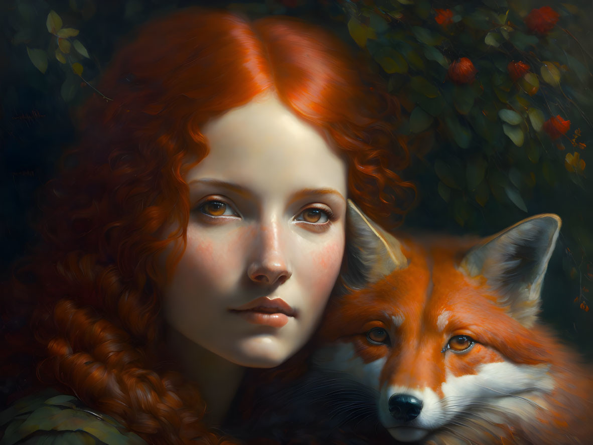 Young woman with long red hair and red fox in lush forest setting