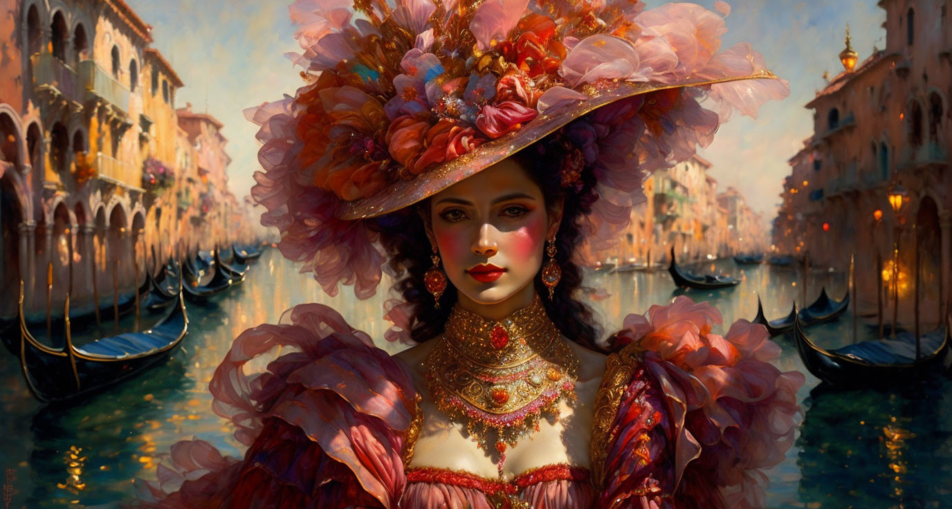 Elaborately dressed woman in Venice with floral hat and gondolas in the background