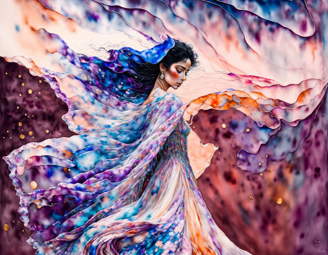 Vivid woman in flowing dress merges with colorful abstract background