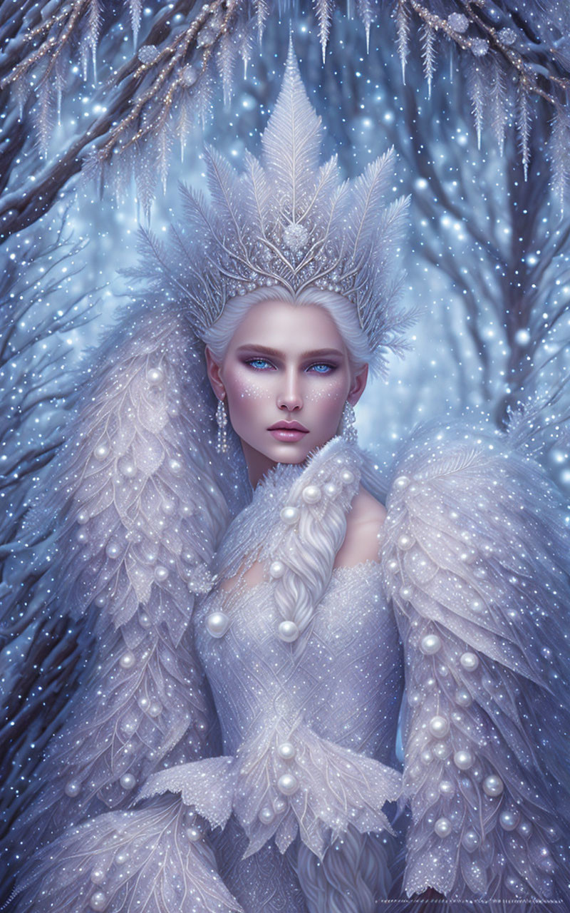 Figure in white feathered gown and crystal crown emerges from snowy forest