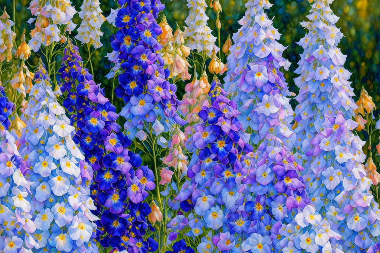 Colorful Cascading Blooms in Blue, Purple, and White on Green Background