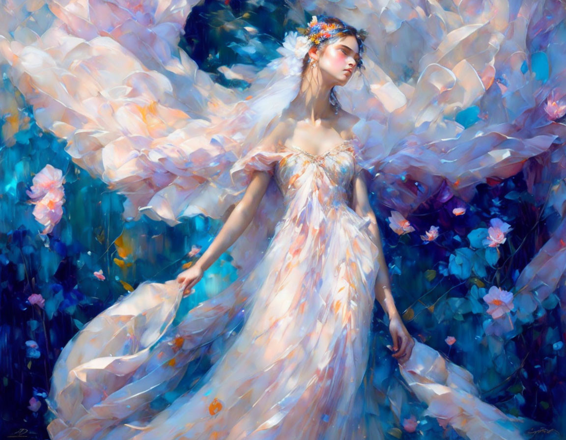 Ethereal painting of a woman with wings and floral elements