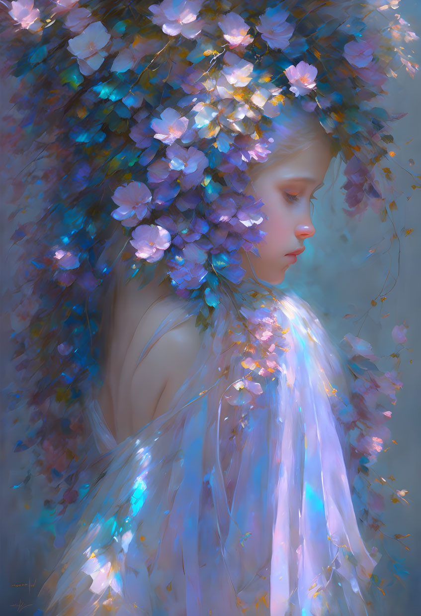 Girl in Floral Crown and Cloak Radiating Mystical Serenity