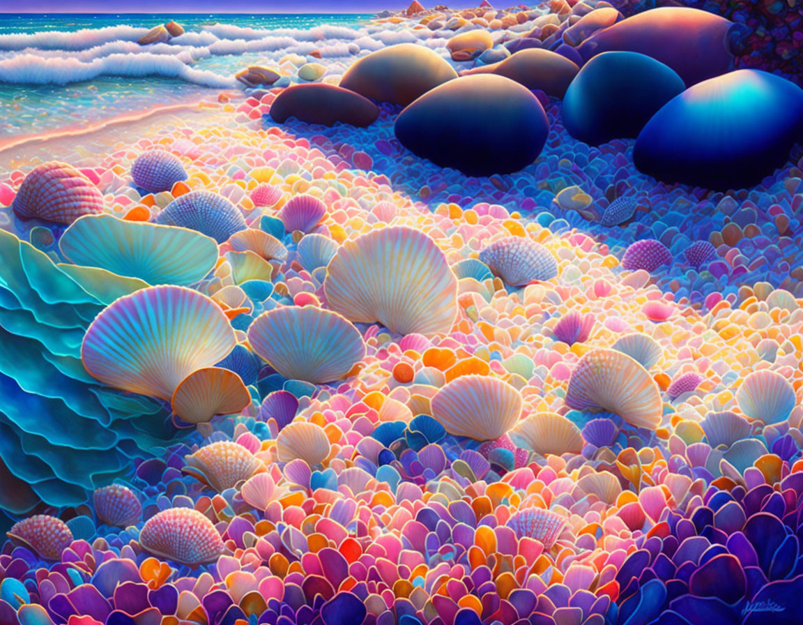 Vibrant painting of seabed with scallop shells, boulders, and waves