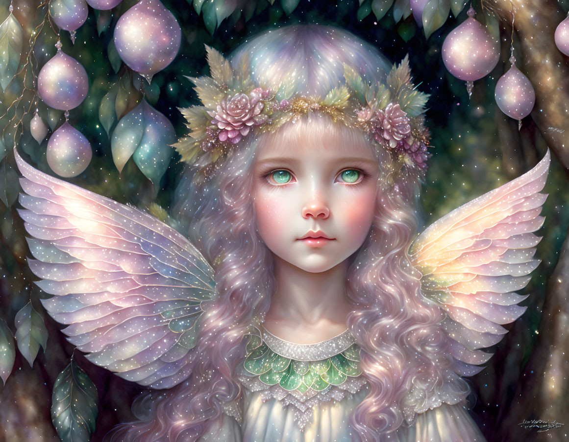 Fantasy illustration: Young girl with angel wings and floral crown in enchanted forest.