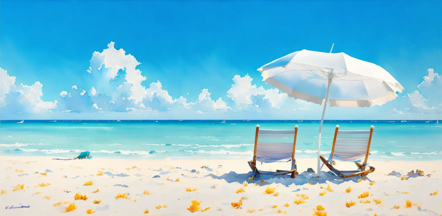 Beach chairs, white umbrella, sunny beach, blue sky, fluffy clouds, calm sea